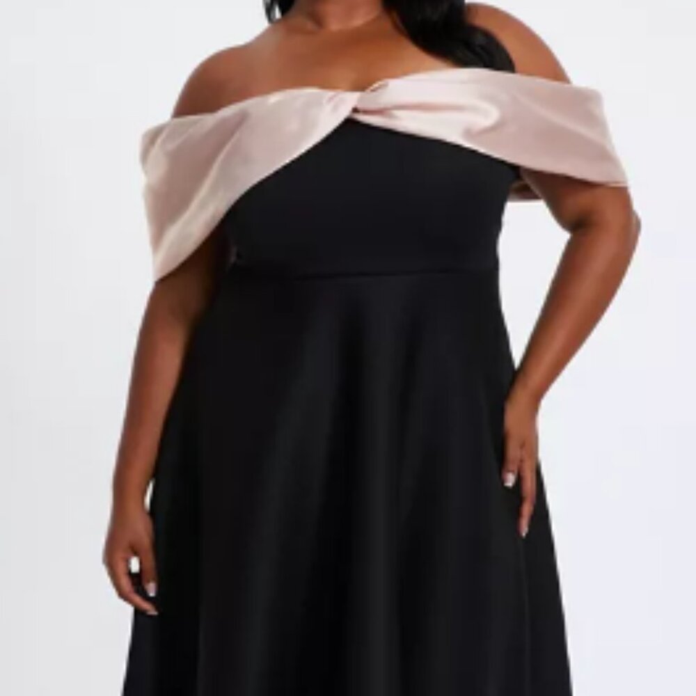 NWT QUIZ Women's Scuba/Satin Bardot Midi Skater Dress Size 16